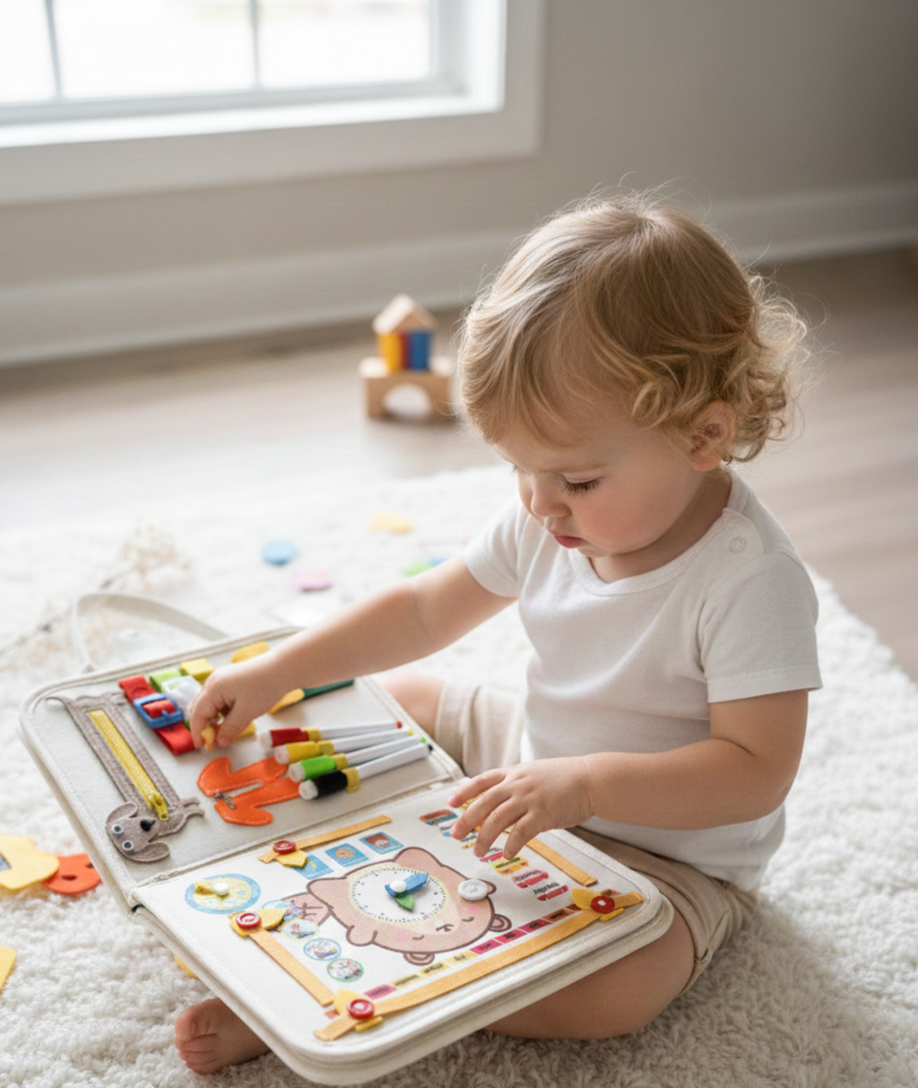 Busy Board for Toddlers – Montessori Sensory Toy, Quiet Book for Travel